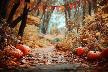 Ultra-Realistic Autumn Forest Pathway Pumpkins Bunting Fall Decoration Seasonal Scene

