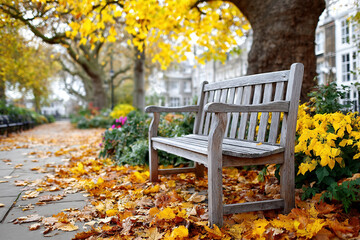 Empty Weathered Wooden Park Bench Surrounded Bright Yellow Autumn Leaves City 

