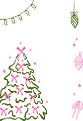 Doodle Hand Drawn Vintage  Christmas Tree and Decorations for Christmas card,  Invitation Cards,Menu. 