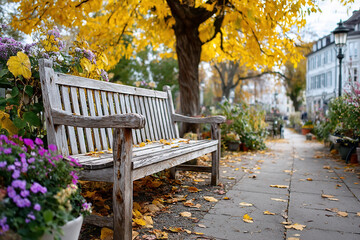 Weathered Wooden Park Bench Autumn City Street Yellow Trees Purple Flowers

