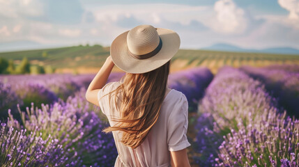 Back view of a woman with long hair and a hat walking through a lavender field