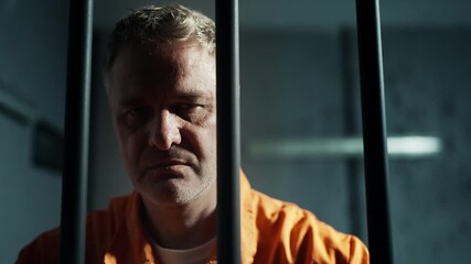 Portrait of dangerous male criminal in orange jumpsuit serving time behind bars - Powered by Adobe