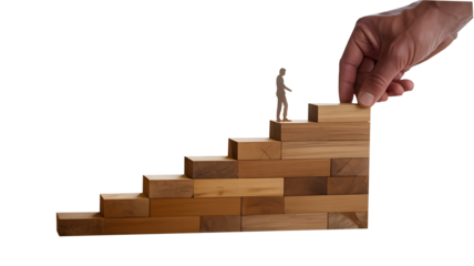 Hand helping miniature person climb wooden staircase symbol of growth and success  
