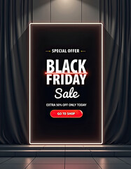 A brilliant neon frame highlights a black Friday sale advertisement on a dark stage, presenting a special offer. This visual promotion invites immediate online shopping.