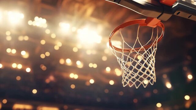 A basketball swishes through the hoop in a brightly lit arena during an exciting game