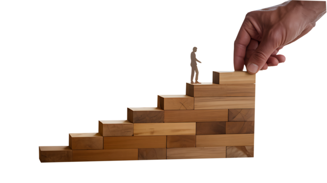 Hand helping miniature person climb wooden staircase symbol of growth and success  
