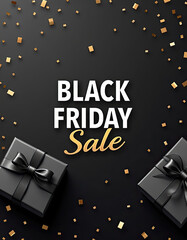 This elegant graphic announces a Black Friday Sale event featuring black gift boxes and scattered golden confetti, perfect for seasonal shopping discounts.