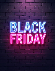 Vibrant blue and pink neon letters spelling "Black Friday" glow brightly, illuminating a dark textured brick wall background for a special sale promotion.