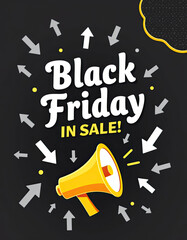 A vibrant graphic advertises a special Black Friday Sale, showing a yellow megaphone broadcasting this important event, emphasized by many pointing arrows.