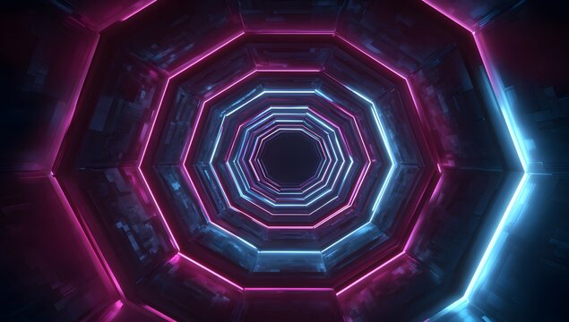 Abstract geometric tunnel with glowing neon octagonal shapes creating a futuristic and immersive visual experience