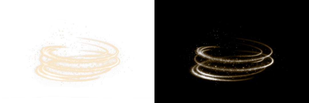 Discover the Dynamic Spiral Light Effects in Black and Gold a PNG Overlay for Stunning Transparent Photos
