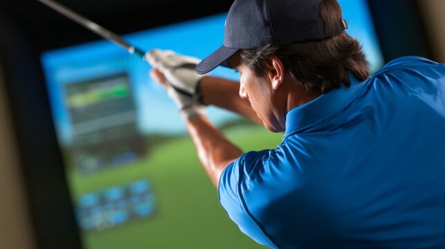A golfer concentrates on making a perfect swing in a virtual golf setting. The indoor atmosphere highlights technology as the player aims for accuracy in their game