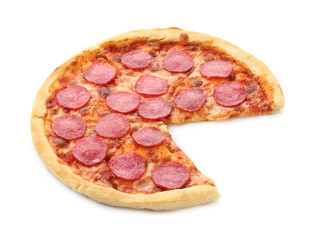 Delicious cut pepperoni pizza isolated on white