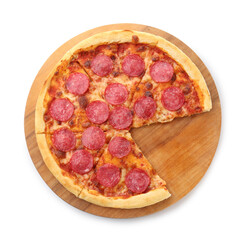 Delicious cut pepperoni pizza isolated on white, top view