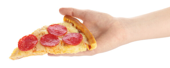 Woman holding piece of delicious pepperoni pizza on white background, closeup