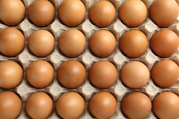 Raw chicken eggs in egg carton as background, top view