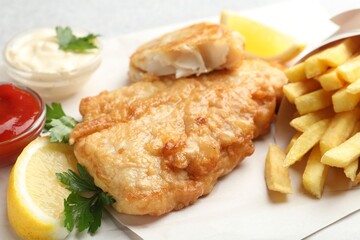British Traditional Fish and chips served with sauces on table, closeup