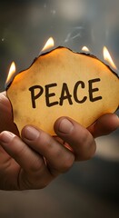 Fire and Ash Concept — Hand Holding Scorched Paper with Peace Written on It