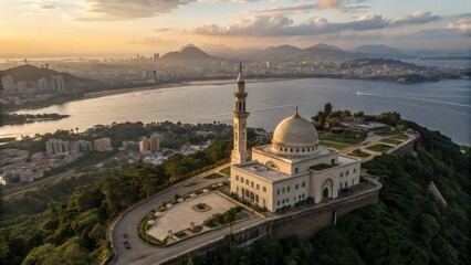 Aerial view of the mosque at sunset over the cityscape