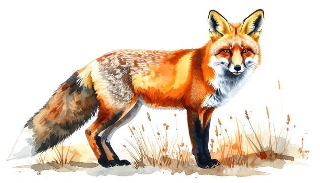 A vibrant watercolor depiction of a red fox standing in tall grass