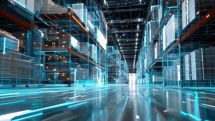 A high tech warehouse featuring digital overlays that highlight advanced storage solutions and automated systems in action - Powered by Adobe