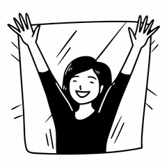 happy young woman with hands up isolated on white