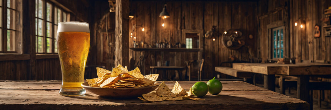 A glass of cold beer with a foamy head and a bowl of crispy tortilla chips with nuts are set on a rustic wooden table in a dimly lit, cozy pub or bar - Powered by Adobe