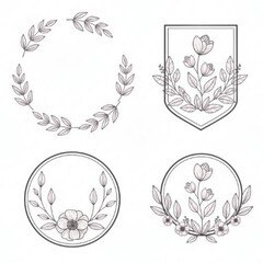 Fototapeta premium A collection of four delicate, monochrome botanical vector illustrations suitable for logos or invitations. The designs feature fine line art of leaves and flowers, presented in different frame styles