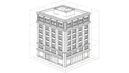 Detailed Isometric Line Drawing of a Classic Urban Building Structure with Grid Background Perspective