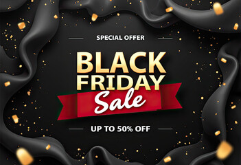 This Black Friday Sale banner highlights a special discount offer with prominent golden text, elegant black fabric, and festive gold confetti on a dark background.