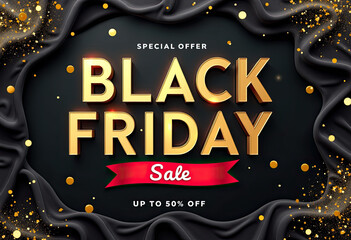 A vibrant Black Friday Sale promotional banner presents shining gold 3D text against a luxurious black draped background with glittering gold particles.