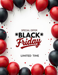 Red and black balloons frame a promotional announcement for a Black Friday Sale, highlighting special limited time offers.