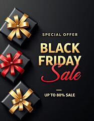 Black Friday Sale event presents stunning gift boxes adorned with beautiful ribbons, offering special discounts and fantastic savings for all.