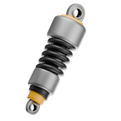 Automotive Shock Absorber with Black Coil Spring and Gray Metal Casing Mounted on a Transparent Background for Mechanical Part Visualization