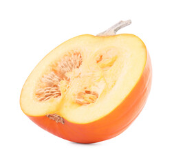 Half of ripe pumpkin with seeds isolated on white