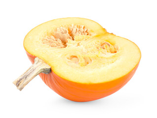 Half of ripe pumpkin with seeds isolated on white