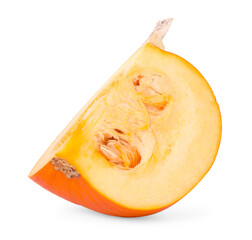 Piece of ripe pumpkin with seeds isolated on white