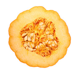 Piece of ripe pumpkin with seeds isolated on white