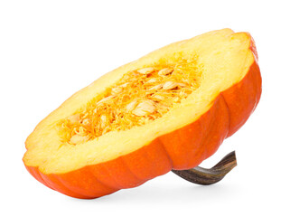 Piece of ripe pumpkin with seeds isolated on white
