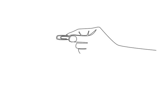 Self drawing animation of single continuous line drawing hand holding a paper clip. Take as needed. Glue work documents without damaging the paper. Tool. National Paperclip Day. Full length animated