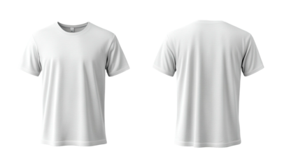 Two white t-shirts; front and back view, short sleeves