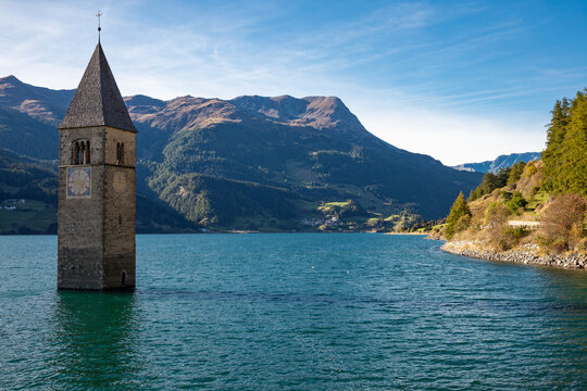 Resia pass lake and the bell tower