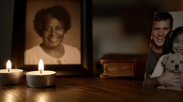 Memorial scene with picture frame, candles, and old book