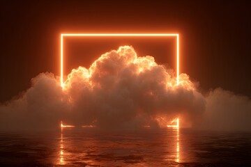 Vibrant orange neon square frame illuminating ethereal glowing clouds above a reflective water surface creating a surreal atmospheric visual