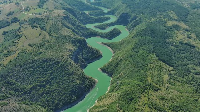 Aerial view of curved meanders in canyon of Uvac river, Serbia, 4k