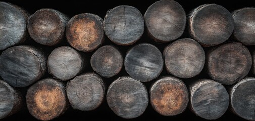The Logs Piled in Darkened Weathered Texture Closeup Rustic Natural Background Pattern