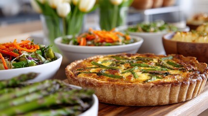 Delicious Quiche and Fresh Salads Served on a Wooden Table with Decorative Tulips in the Background