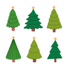 Set of Christmas trees with stars on top. Collection of green fir trees in different shapes and shades. Perfect for Christmas cards, winter holiday designs, invitations, and festive decorations.