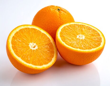 Vibrant close-up of three ripe oranges, one halved showing juicy segments, on a white surface