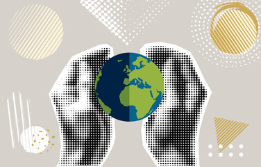 World Earth day halftone collage. Trendy vintage mixed art with halftone hands supporting earth. Concept of protection the Earth with human hands. 22 april. Vector design.	